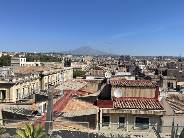 Mount Etna visible from the rooftop bar at the Palace Hotel in Catania